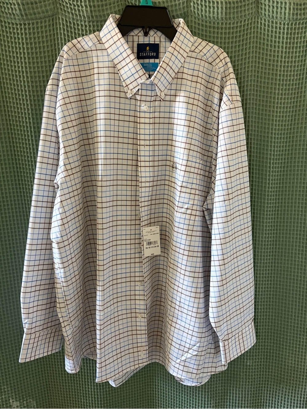 Stafford White Button-Down Shirt with Blue and Brown Check